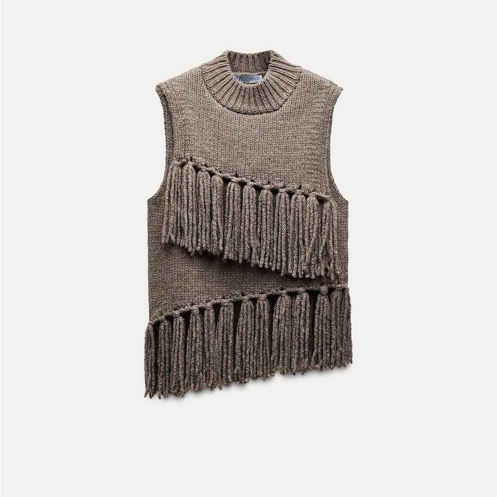 ZARA Fringed Knit Vest Top in Brown/Taupe